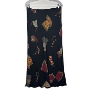 Vintage Harari 100% Silk Maxi Skirt Whimsigoth Asian Novelty Print Bustle Ties L